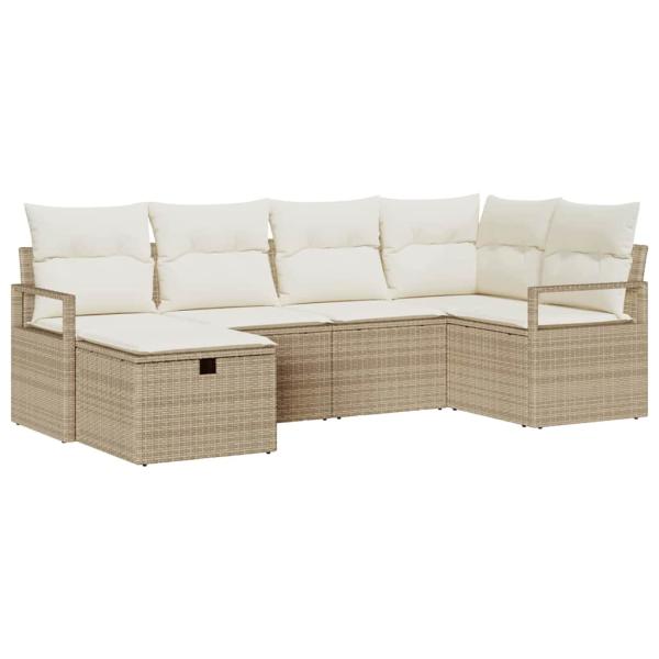 6-teiliges Garten Sofaset mit Kissen Beige Poly Rattan, 2-Sitzer Garten Sofa mit Stauraum & Kissen Beige Poly Rattan