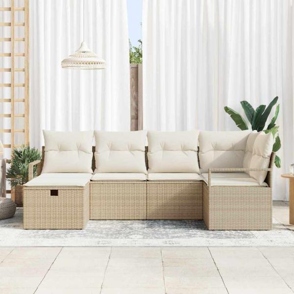 6-teiliges Garten Sofaset mit Kissen Beige Poly Rattan, 2-Sitzer Garten Sofa mit Stauraum & Kissen Beige Poly Rattan