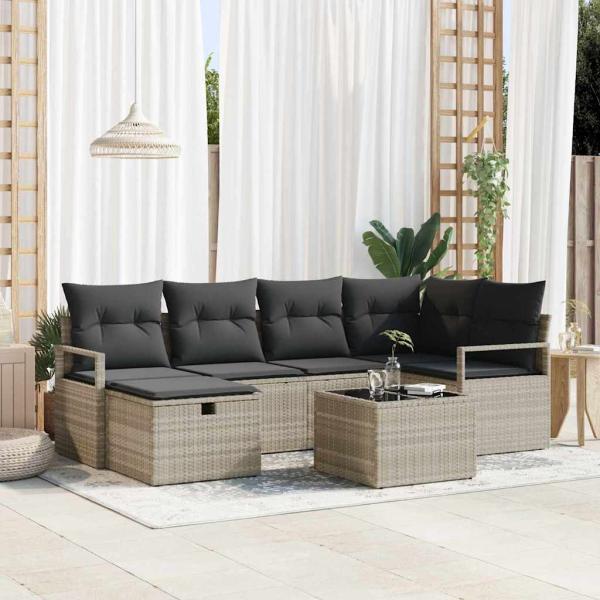 ARDEBO.de - 7-teiliges Garten-Sofa-Set mit Kissen Hellgrau Poly-Rattan, 2-Sitzer Garten-Sofa mit Stauraum & Kissen Grau Poly-Rattan