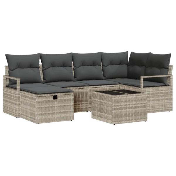 7-teiliges Garten-Sofa-Set mit Kissen Hellgrau Poly-Rattan, 2-Sitzer Garten-Sofa mit Stauraum & Kissen Grau Poly-Rattan