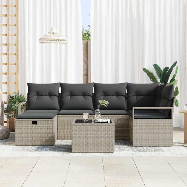 7-teiliges Garten-Sofa-Set mit Kissen Hellgrau Poly-Rattan, 2-Sitzer Garten-Sofa mit Stauraum & Kissen Grau Poly-Rattan