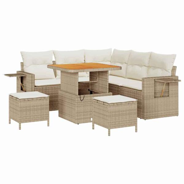 8-teiliges Garten Sofa Set mit Kissen Beige Poly Rattan Akazie, 3-teiliges Garten Essenset mit Kissen Beige Poly Rattan Akazie