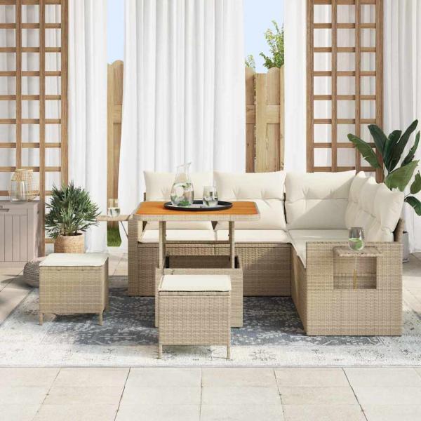 8-teiliges Garten Sofa Set mit Kissen Beige Poly Rattan Akazie, 3-teiliges Garten Essenset mit Kissen Beige Poly Rattan Akazie