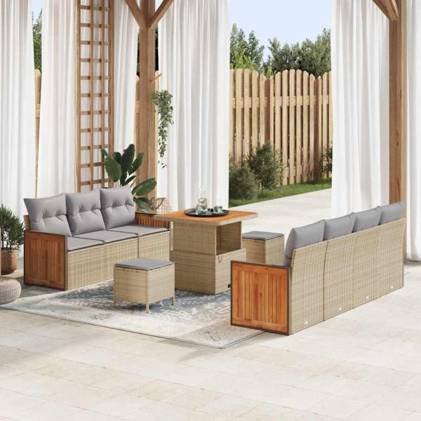 ARDEBO.de - 10-teiliges Garten Sofa Set mit Kissen Beige Poly Rattan Akazie, 2-Sitzer Garten Sofa mit Kissen Beige Poly Rattan, 3-teiliges Garten Esszimmer Set mit Kissen Beige Poly Rattan Akazie