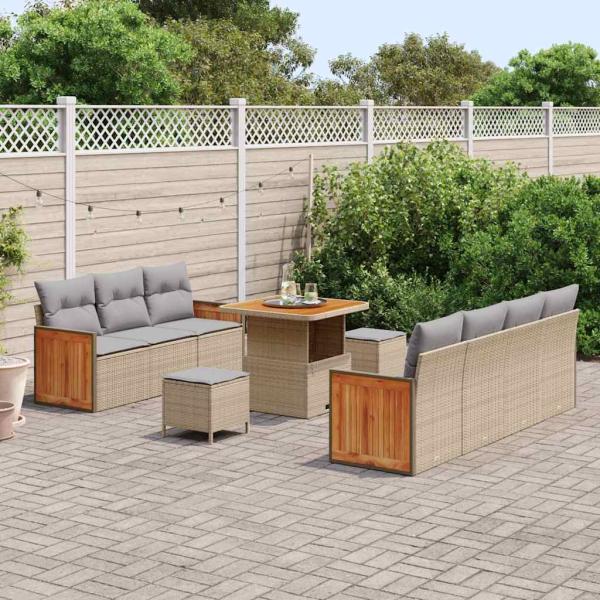 10-teiliges Garten Sofa Set mit Kissen Beige Poly Rattan Akazie, 2-Sitzer Garten Sofa mit Kissen Beige Poly Rattan, 3-teiliges Garten Esszimmer Set mit Kissen Beige Poly Rattan Akazie
