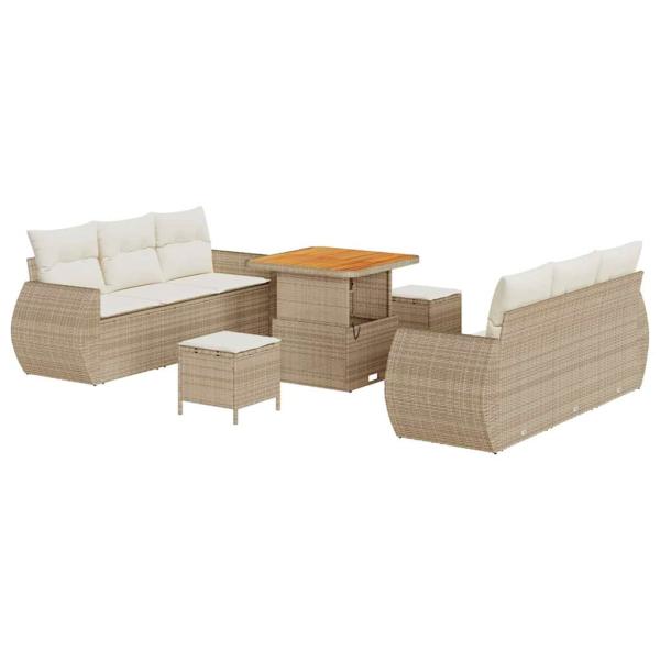 9-teiliges Garten-Sofa-Set mit Kissen Beige Poly Rattan Akazie, 3-teiliges Garten-Dining-Set mit Kissen Beige Poly Rattan Akazie