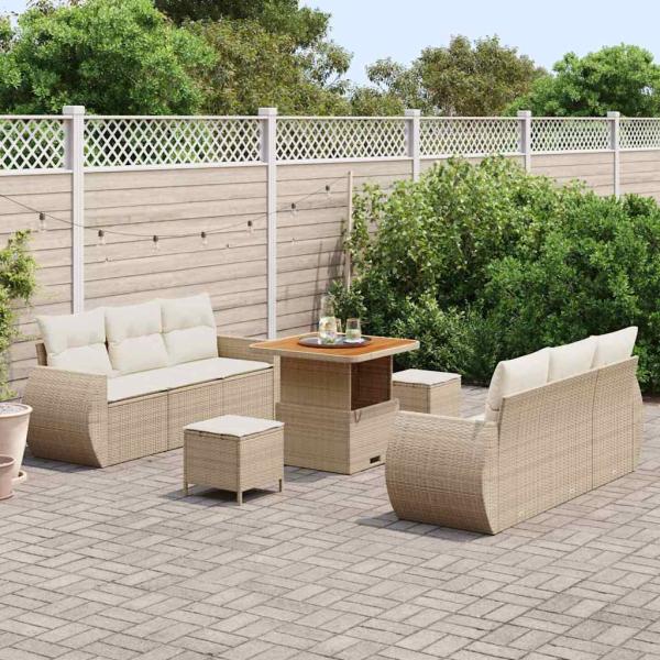 9-teiliges Garten-Sofa-Set mit Kissen Beige Poly Rattan Akazie, 3-teiliges Garten-Dining-Set mit Kissen Beige Poly Rattan Akazie