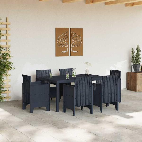 7-teiliges Garten Esstisch Set mit Kissen Anthrazit Poly-Rattan