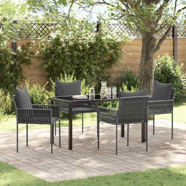 ARDEBO.de - 5-teiliges Garten-Ess-Set mit Kissen Schwarz Poly-Rattan