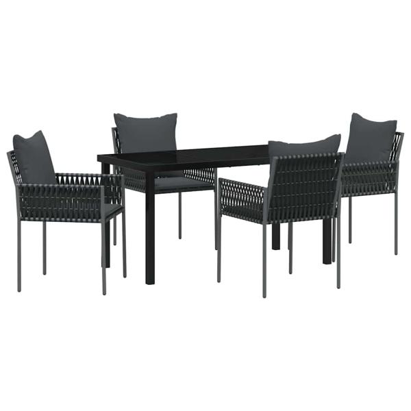 5-teiliges Garten-Ess-Set mit Kissen Schwarz Poly-Rattan