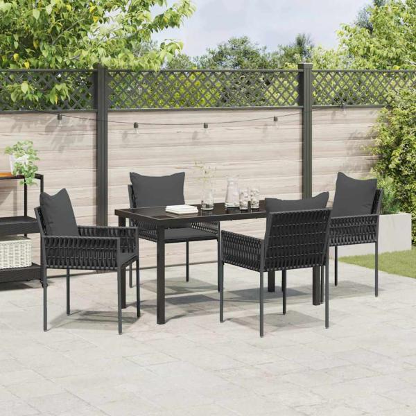 5-teiliges Garten-Ess-Set mit Kissen Schwarz Poly-Rattan