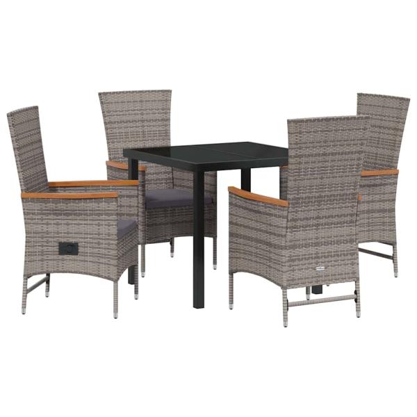 5-teiliges Garten-Esszimmer-Set mit Kissen Graue Poly-Rattan