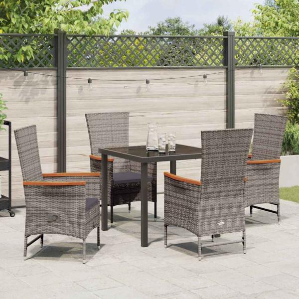 5-teiliges Garten-Esszimmer-Set mit Kissen Graue Poly-Rattan