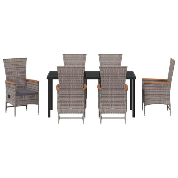 7-teiliges Garten-Esszimmer-Set mit Kissen Grau Poly-Rattan