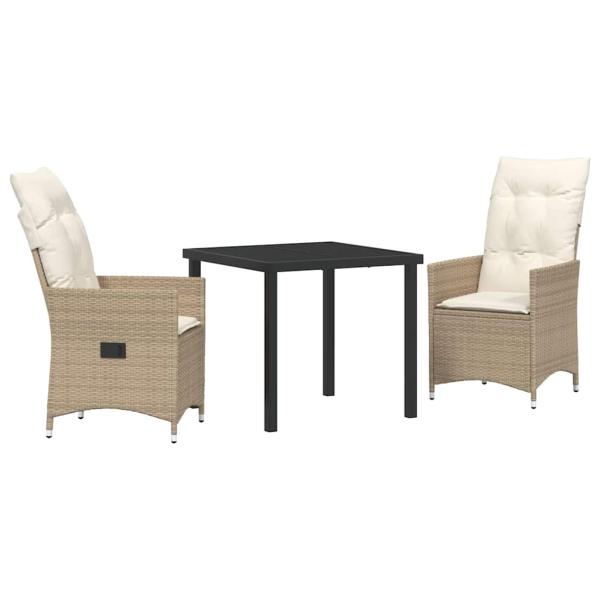 3-teiliges Garten-Esszimmer-Set mit Kissen Beige Poly Rattan