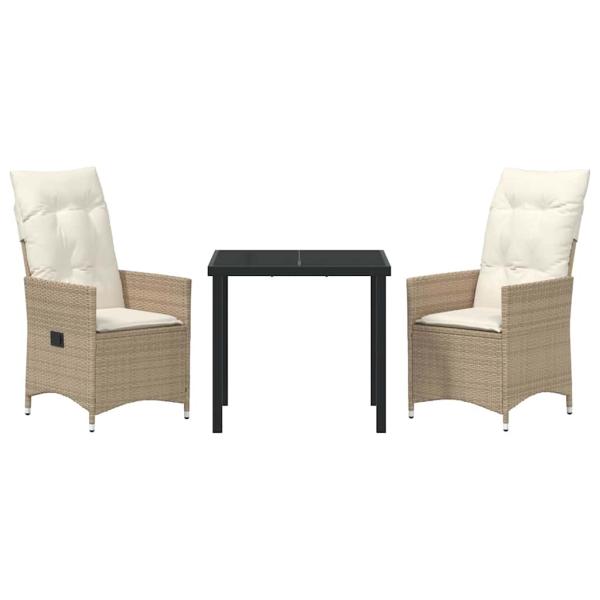 3-teiliges Garten-Esszimmer-Set mit Kissen Beige Poly Rattan
