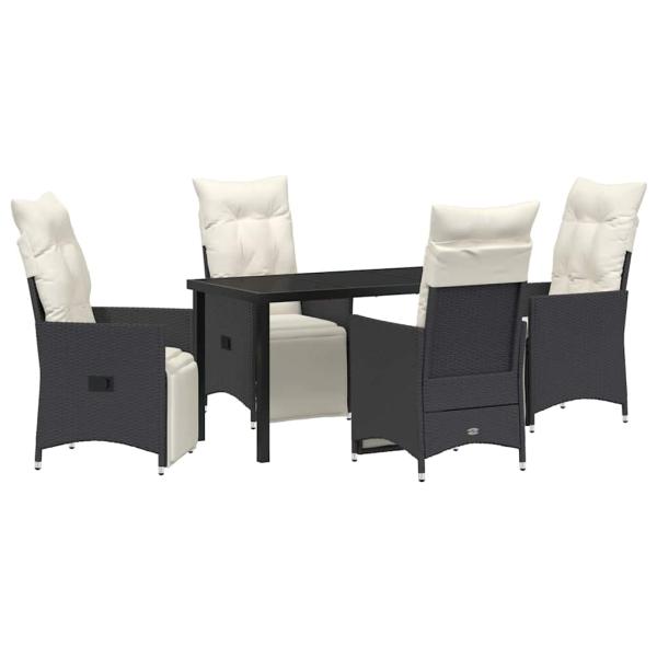 5-teiliges Garten-Dining-Set mit Kissen in Schwarz aus Poly-Rattan