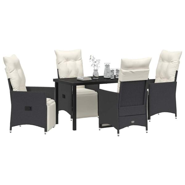 5-teiliges Garten-Dining-Set mit Kissen in Schwarz aus Poly-Rattan