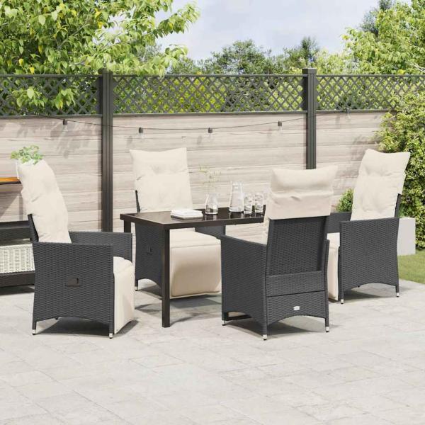 5-teiliges Garten-Dining-Set mit Kissen in Schwarz aus Poly-Rattan