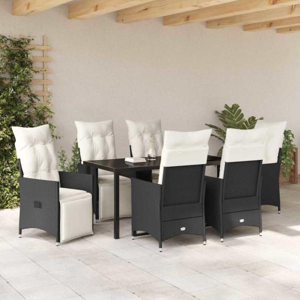 7-teiliges Garten-Essset mit Kissen Schwarz Poly-Rattan