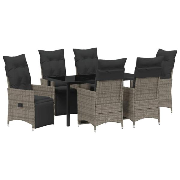 7-teiliges Garten-Esszimmer-Set mit Kissen Grau Poly-Rattan