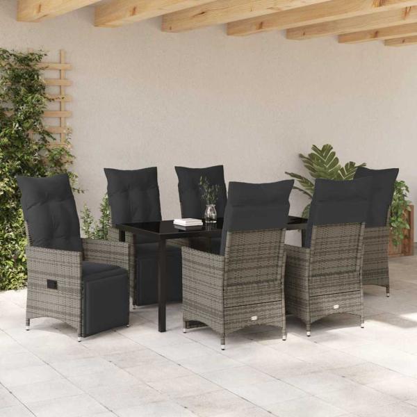 7-teiliges Garten-Esszimmer-Set mit Kissen Grau Poly-Rattan
