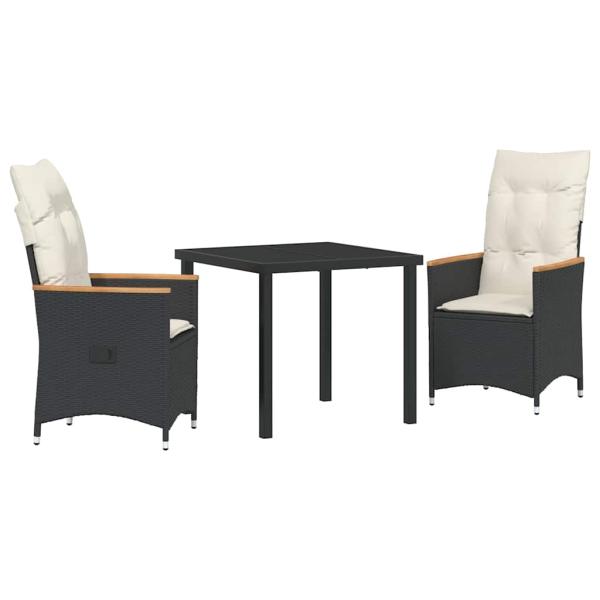 3-teiliges Garten-Ess-Set mit Kissen Schwarz Poly-Rattan