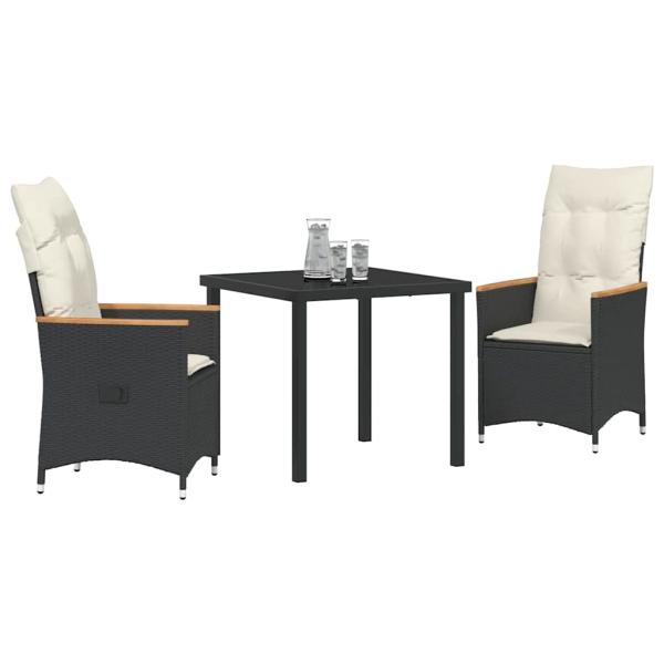 3-teiliges Garten-Ess-Set mit Kissen Schwarz Poly-Rattan