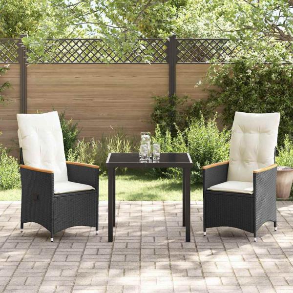 3-teiliges Garten-Ess-Set mit Kissen Schwarz Poly-Rattan