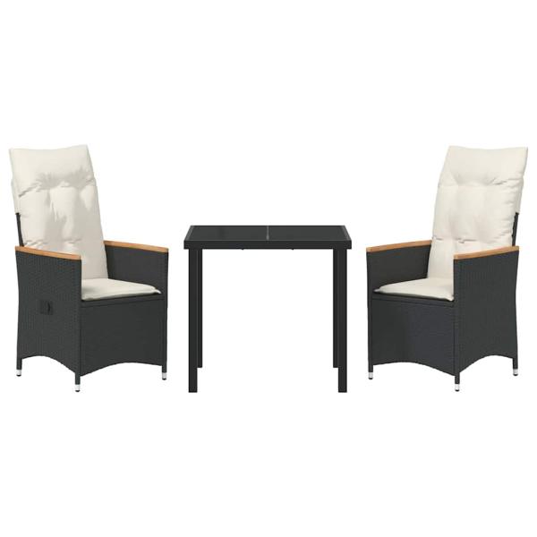 3-teiliges Garten-Ess-Set mit Kissen Schwarz Poly-Rattan