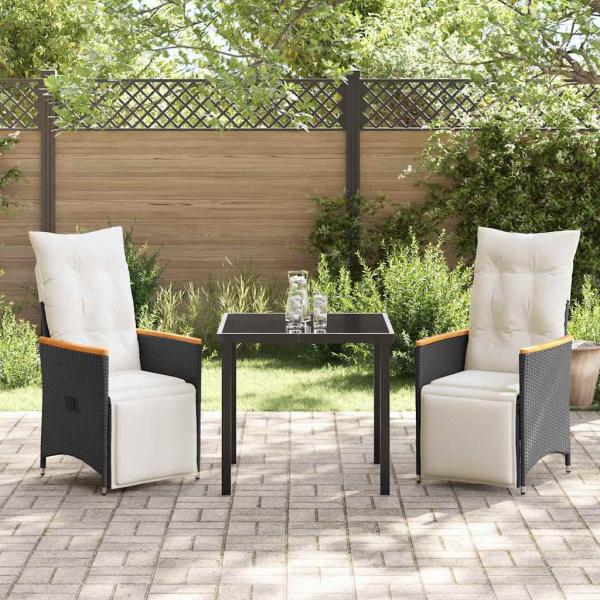 3-teiliges Garten-Essenset mit Kissen Schwarz Poly-Rattan
