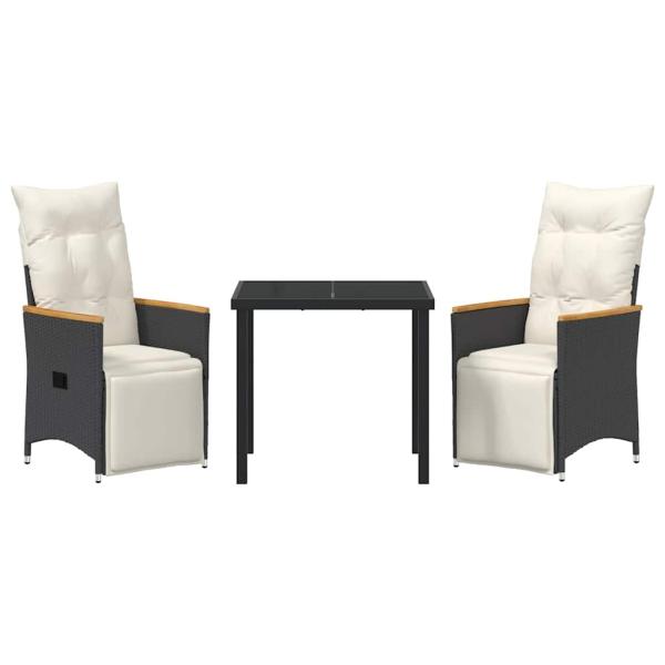 3-teiliges Garten-Essenset mit Kissen Schwarz Poly-Rattan