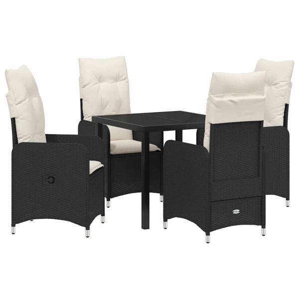 5-teiliges Garten-Esstisch-Set mit Kissen Schwarz Poly-Rattan