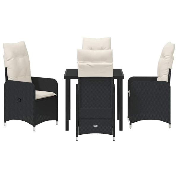 5-teiliges Garten-Esstisch-Set mit Kissen Schwarz Poly-Rattan