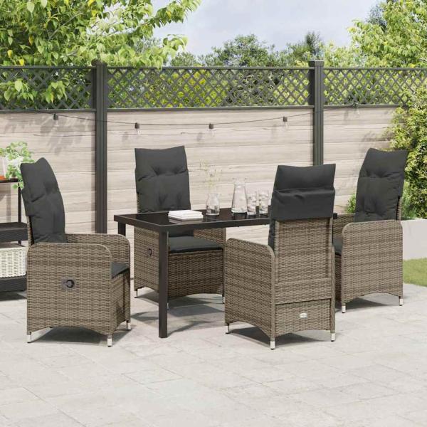 5-teiliges Garten-Ess-Set mit Kissen in Grau aus Poly-Rattan