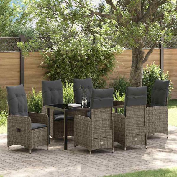 ARDEBO.de - 7-teiliges Garten-Dining-Set mit Kissen in grauem Poly-Rattan