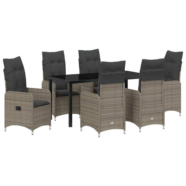7-teiliges Garten-Dining-Set mit Kissen in grauem Poly-Rattan