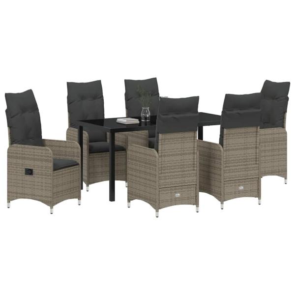 7-teiliges Garten-Dining-Set mit Kissen in grauem Poly-Rattan