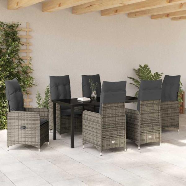 7-teiliges Garten-Dining-Set mit Kissen in grauem Poly-Rattan