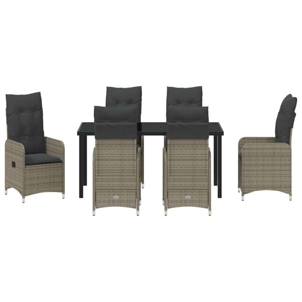 7-teiliges Garten-Dining-Set mit Kissen in grauem Poly-Rattan