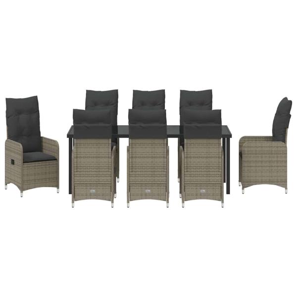 9-teiliges Garten-Esstisch-Set mit Kissen Grau Poly Rattan