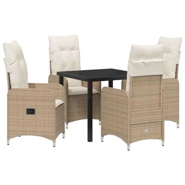 5-teiliges Garten-Esszimmer-Set mit Kissen Beige Poly Rattan