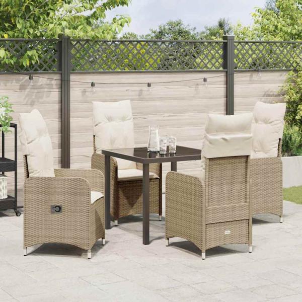 5-teiliges Garten-Esszimmer-Set mit Kissen Beige Poly Rattan