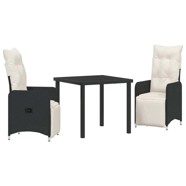 3-teiliges Garten-Dining-Set mit Kissen Schwarz Poly-Rattan