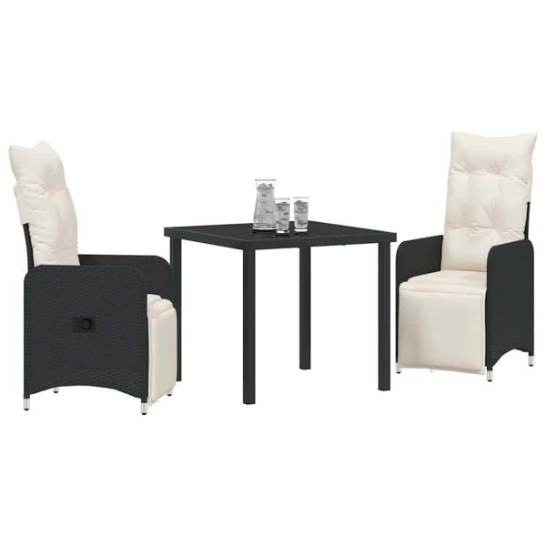 3-teiliges Garten-Dining-Set mit Kissen Schwarz Poly-Rattan