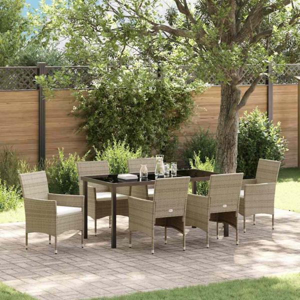 ARDEBO.de - 7-teiliges Garten-Esszimmer-Set Beige Poly-Rattan