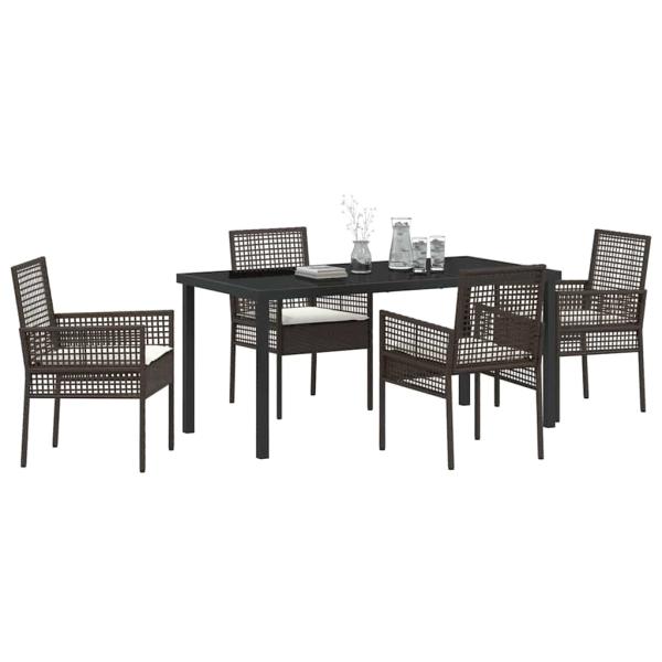 5-teiliges Garten Esstischset mit Kissen Braun Poly Rattan