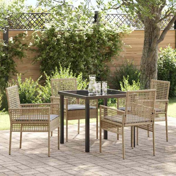 ARDEBO.de - 5-teilige Garten-Essgruppe mit Kissen Beige Poly Rattan