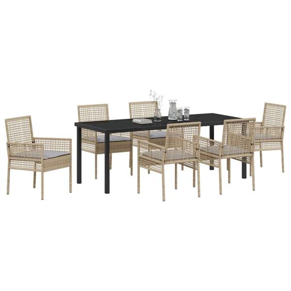 7-teiliges Garten Esszimmer Set mit Kissen Beige Poly Rattan