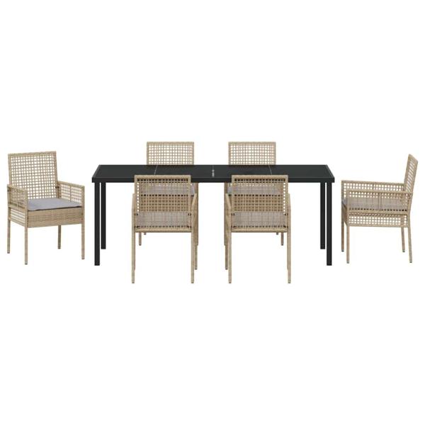 7-teiliges Garten Esszimmer Set mit Kissen Beige Poly Rattan